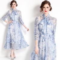 Polyester Soft One-piece Dress see through look & double layer & hollow crochet shivering blue PC
