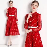 Polyester Waist-controlled One-piece Dress see through look & double layer & hollow crochet shivering red PC