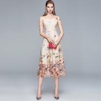 Polyester Waist-controlled One-piece Dress see through look & double layer & hollow printed shivering PC