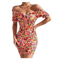 Milk Fiber stringy selvedge Sexy Package Hip Dresses & off shoulder printed floral multi-colored PC