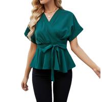 Polyester Waist-controlled & scallop Women Short Sleeve Blouses plain dyed Solid green PC