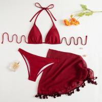 Polyester Bikini backless & three piece & with mini skirt & padded plain dyed Solid red Set