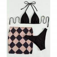 Polyester Bikini backless & three piece & with mini skirt & padded printed plaid black and pink Set