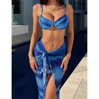 Polyester Bikini with skirt & three piece & padded Tie-dye blue Set