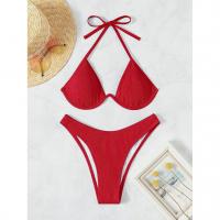 Polyester Bikini backless & two piece & padded plain dyed Solid red Set