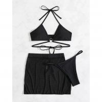 Polyester Bikini & three piece & with mini skirt & padded plain dyed Solid black Set