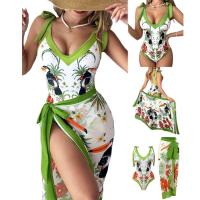 Chiffon One-piece Swimsuit with skirt & backless & three piece printed Set