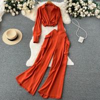 Polyester Plus Size Women Casual Set & two piece Long Trousers & top Solid orange Set