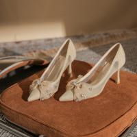 Suede & Gauze with bowknot & Stiletto High-Heeled Shoes iron-on Pair