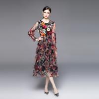 Gauze long style One-piece Dress see through look & double layer embroider floral red PC