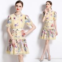 Gauze Waist-controlled One-piece Dress slimming & hollow printed shivering yellow PC