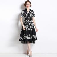 Gauze Waist-controlled One-piece Dress slimming & double layer & hollow printed floral black PC