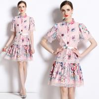 Gauze Waist-controlled & Soft One-piece Dress slimming & hollow printed floral pink PC