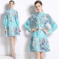 Gauze Waist-controlled & Soft & Slim One-piece Dress slimming printed floral blue PC