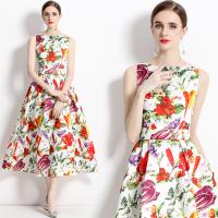 Gauze Waist-controlled & long style One-piece Dress large hem design printed floral white PC