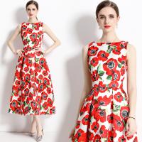 Gauze Waist-controlled & Slim One-piece Dress large hem design & breathable printed floral red PC