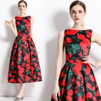 Gauze Waist-controlled & Slim One-piece Dress slimming & breathable printed floral red PC