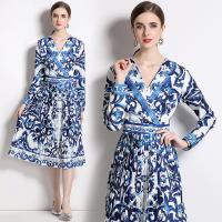 Gauze Waist-controlled & Slim & Pleated One-piece Dress slimming printed Plant blue PC