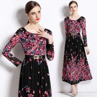Lace Waist-controlled & Soft One-piece Dress large hem design & slimming printed floral black PC