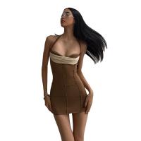 Milk Fiber High Waist & Step Skirt Sexy Package Hip Dresses patchwork Solid brown PC