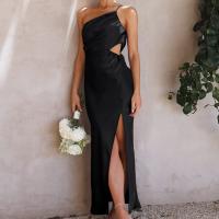 Polyester front slit & High Waist One-piece Dress Solid black PC