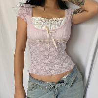 Polyester Slim Women Short Sleeve T-Shirts patchwork PC