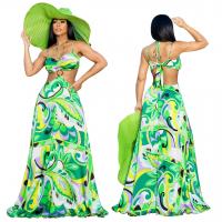 Polyester long style One-piece Dress & large hem design & deep V & hollow printed Plant green PC