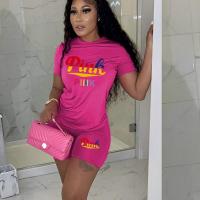 Polyester Plus Size Women Casual Set & two piece & loose short pants & short sleeve T-shirts printed letter Set