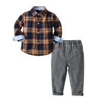 Cotton Slim Boy Clothing Set & two piece suspender pant & top patchwork plaid orange Set