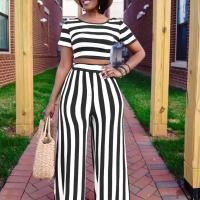 Polyester Women Casual Set & two piece Long Trousers & short sleeve T-shirts printed striped Set