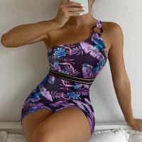 Spandex & Polyester One-piece Swimsuit slimming & One Shoulder printed leaf pattern PC