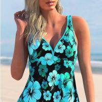 Spandex & Polyester Plus Size Tankinis Set slimming & two piece printed floral sky blue Set