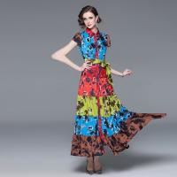 Chiffon Waist-controlled & Slim & front slit One-piece Dress & breathable printed floral red PC