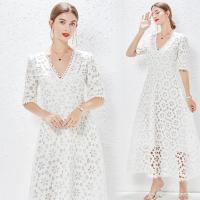 Polyester Slim One-piece Dress double layer & hollow & breathable crochet floral white PC