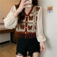 Gauze Tassels Women Long Sleeve Blouses see through look & loose knitted butterfly pattern : PC
