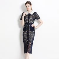 Gauze Waist-controlled One-piece Dress see through look & double layer & hollow patchwork Solid black PC