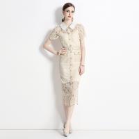 Gauze Waist-controlled One-piece Dress double layer & hollow patchwork Solid Apricot PC
