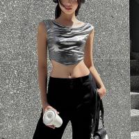 Spandex & Polyester Slim Women Sleeveless T-shirt midriff-baring Solid silver PC