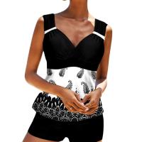 Spandex & Polyester Plus Size Tankinis Set slimming & two piece printed leaf pattern white and black Set