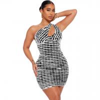 Polyester Waist-controlled One-piece Dress slimming & hollow stretchable striped PC