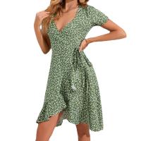 Polyester Waist-controlled & Slim One-piece Dress deep V & breathable printed shivering green PC
