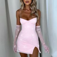 Polyester Slim & High Waist Sexy Package Hip Dresses deep V & side slit glove & skirt patchwork Solid Set