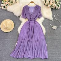 Polyester Waist-controlled One-piece Dress slimming & deep V Solid purple : PC