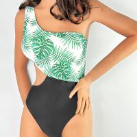 Polyester One-piece Swimsuit & skinny style & One Shoulder printed leaf pattern PC