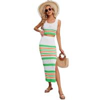 Rayon & Nylon Two-Piece Dress Set midriff-baring & side slit & hollow striped Set