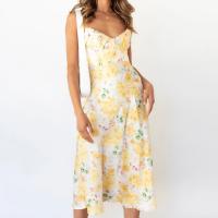 Polyester Slim One-piece Dress deep V & backless & off shoulder printed shivering yellow PC