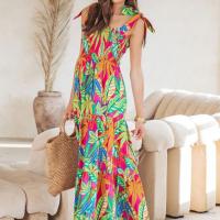 Polyester long style One-piece Dress backless & off shoulder & breathable printed floral PC