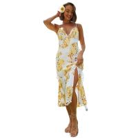 Polyester One-piece Dress deep V & side slit & backless printed floral yellow PC