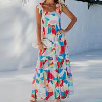 Polyester One-piece Dress backless & off shoulder & loose printed multi-colored PC