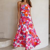 Polyester One-piece Dress backless & off shoulder & hollow printed shivering fuchsia PC